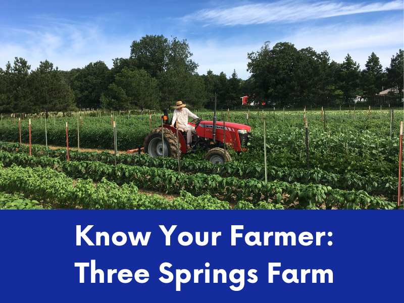 A farmer on a red tractor works in a field at Three Springs Farm under a blue sky, with the text "Know Your Farmer: Three Springs Farm" below.