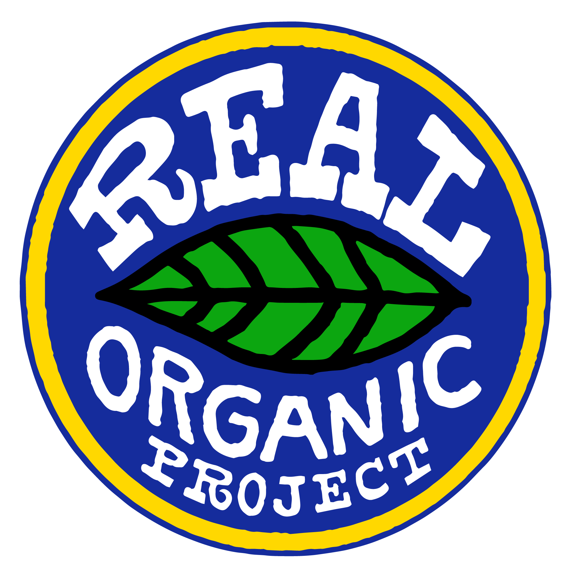 A circular logo with a blue background, yellow border, and white text reading 'REAL ORGANIC PROJECT,' featuring a green leaf design in the center.