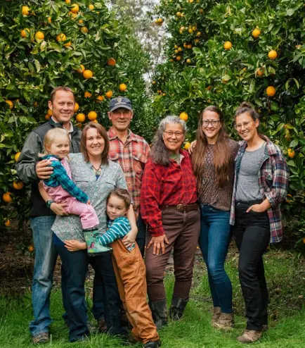A multi-generational family of farmers posing together in an orange grove, surrounded by lush green trees laden with ripe oranges, representing a family-owned organic farm.