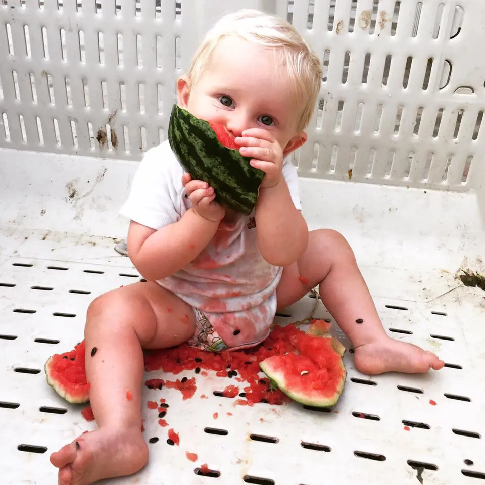Baby enjoying nutrient-dense organic watermelon, representing the real food movement.