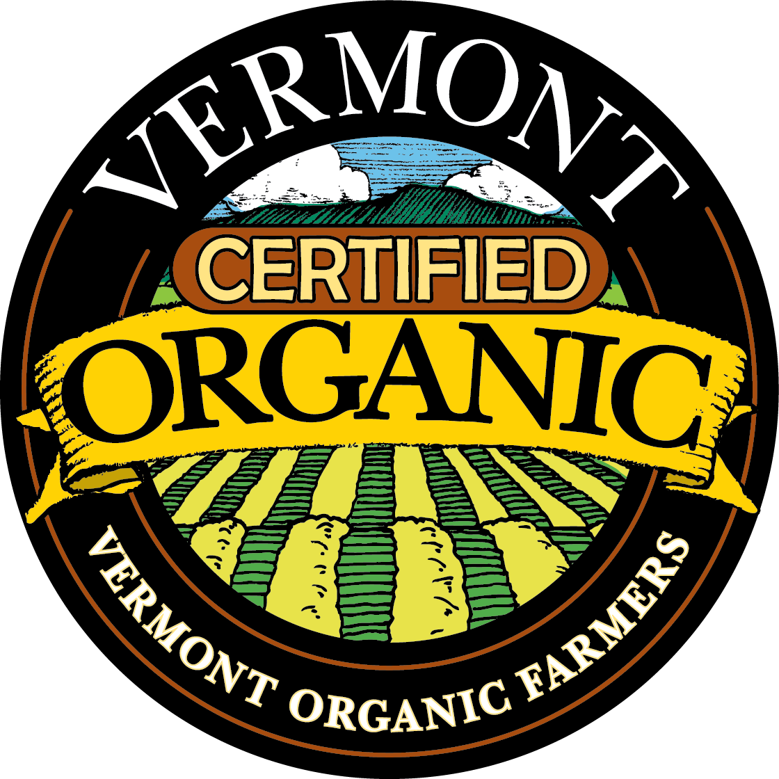 Round "Vermont Certified Organic: Vermont Organic Farmers" seal with a landscape illustration.