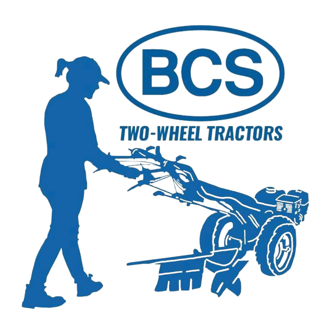 Blue silhouette of a person operating a BCS two-wheel tractor, with the "BCS TWO-WHEEL TRACTORS" logo.