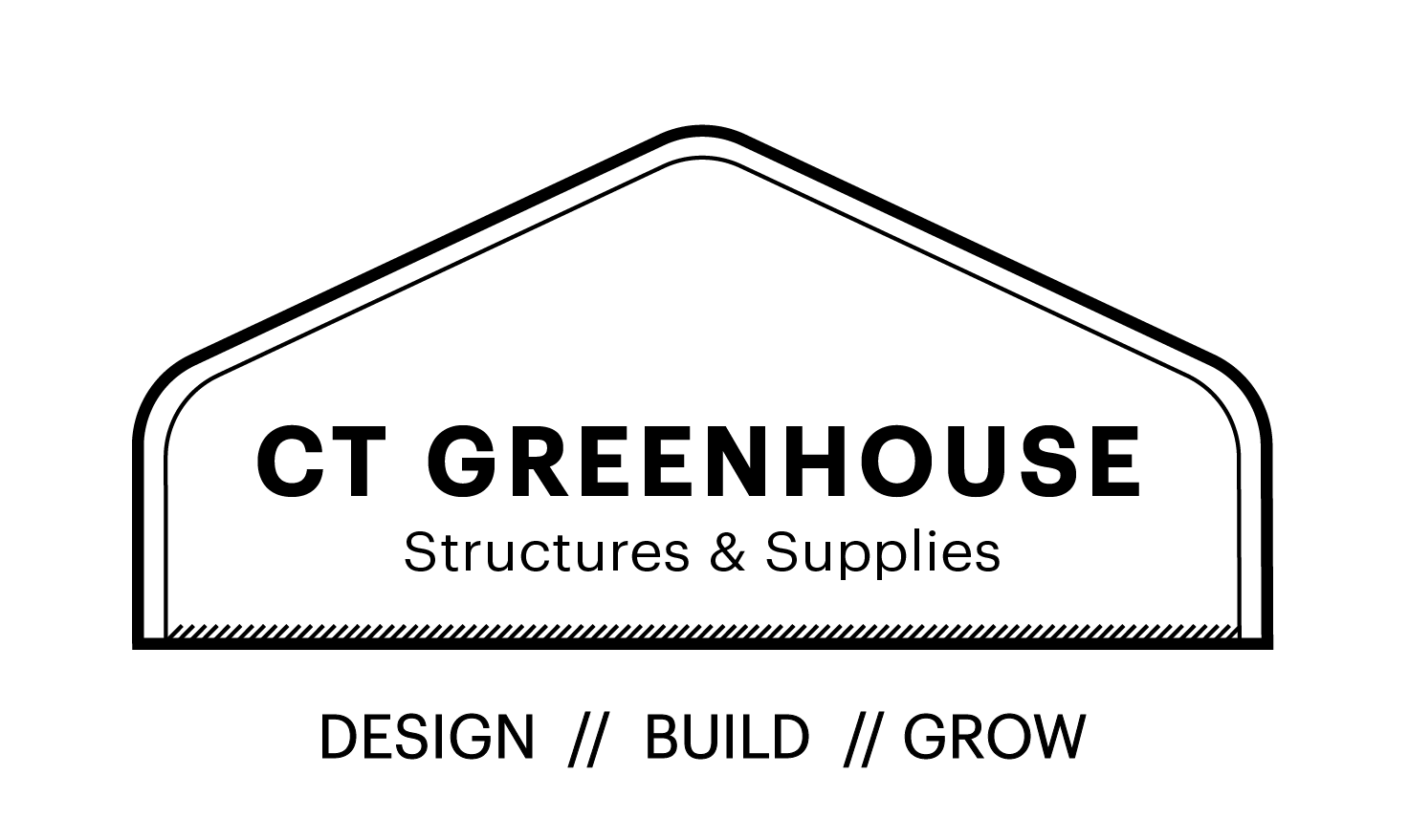 "CT Greenhouse: Structures & Supplies" logo with "DESIGN // BUILD // GROW" tagline in black on a gray background.