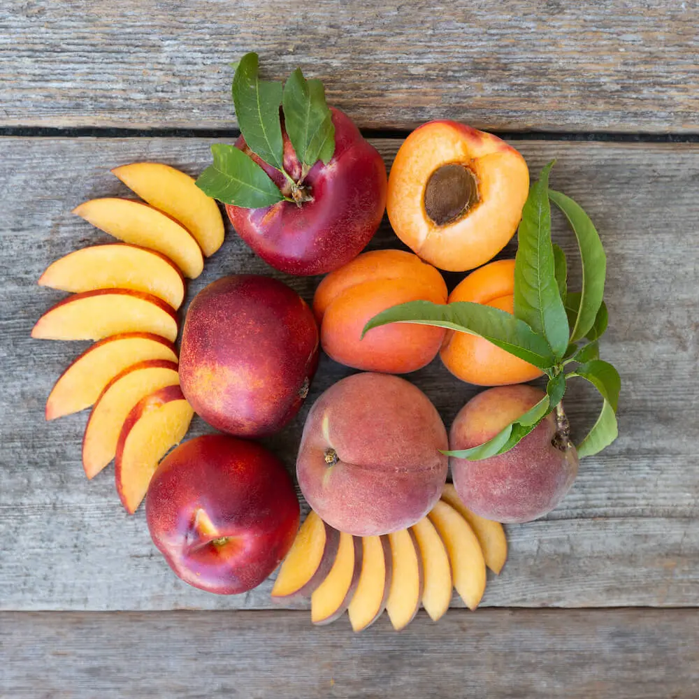 Fresh organic peaches, nectarines, and apricots arranged with sliced fruit on a wooden surface.