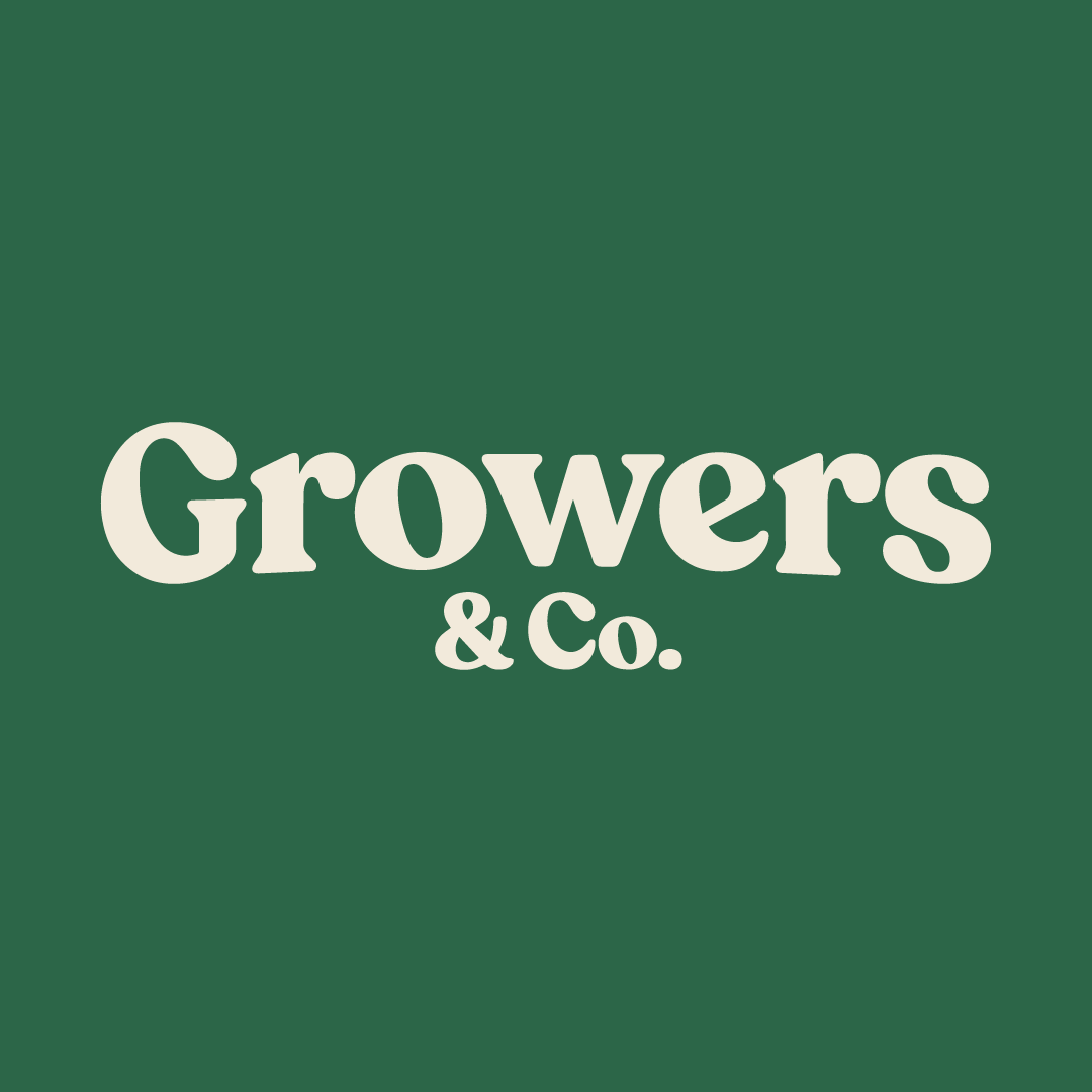 Cream-colored "Growers & Co." text on a solid green background.