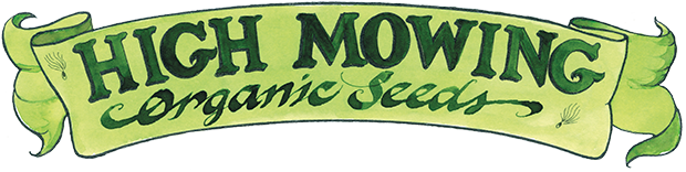 Green watercolor-style banner with "HIGH MOWING organic Seeds" text.