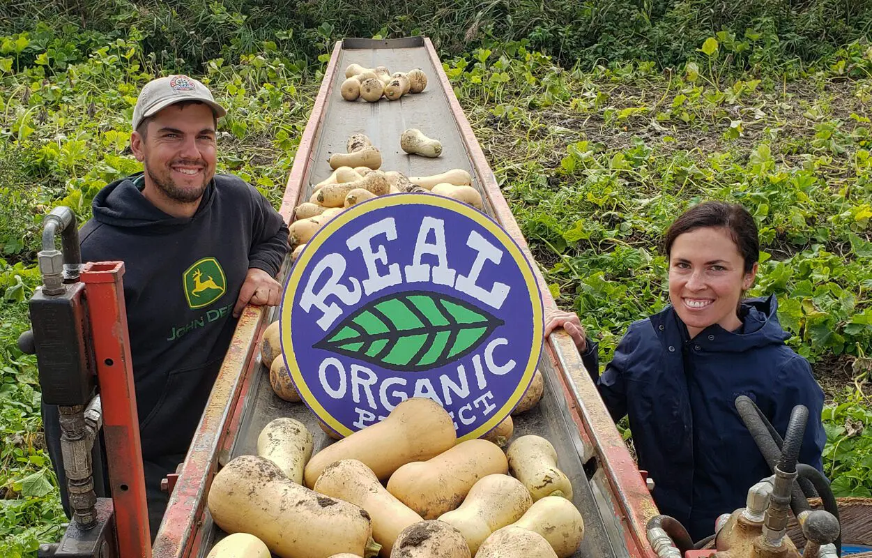Farmers harvesting organic squash with a Real Organic Project sign in the field.