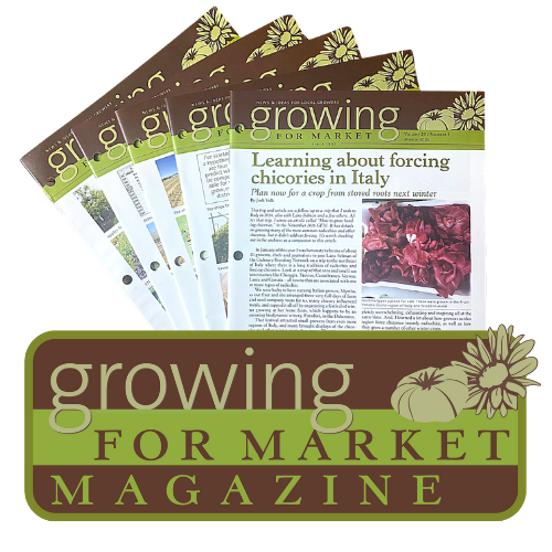 Several issues of "Growing for Market Magazine" with articles on farming and a logo featuring the magazine's name, a tomato, and a sunflower.