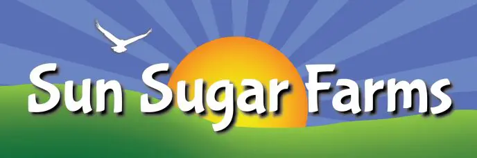 "Sun Sugar Farms" logo with a rising sun, green hills, and a white bird against a blue sky with rays.