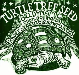 Green and white logo for "Turtle Tree Seed" with a turtle illustration and text about biodynamic, open-pollinated flower, vegetable, and herb seeds.