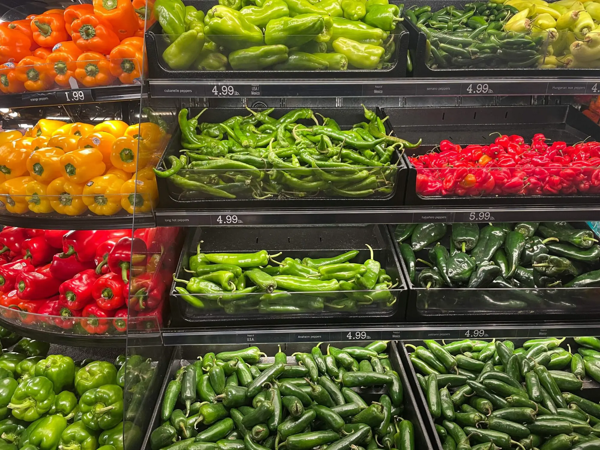 A grocery store produce section displays various colorful bell peppers and long green chili peppers with price tags.