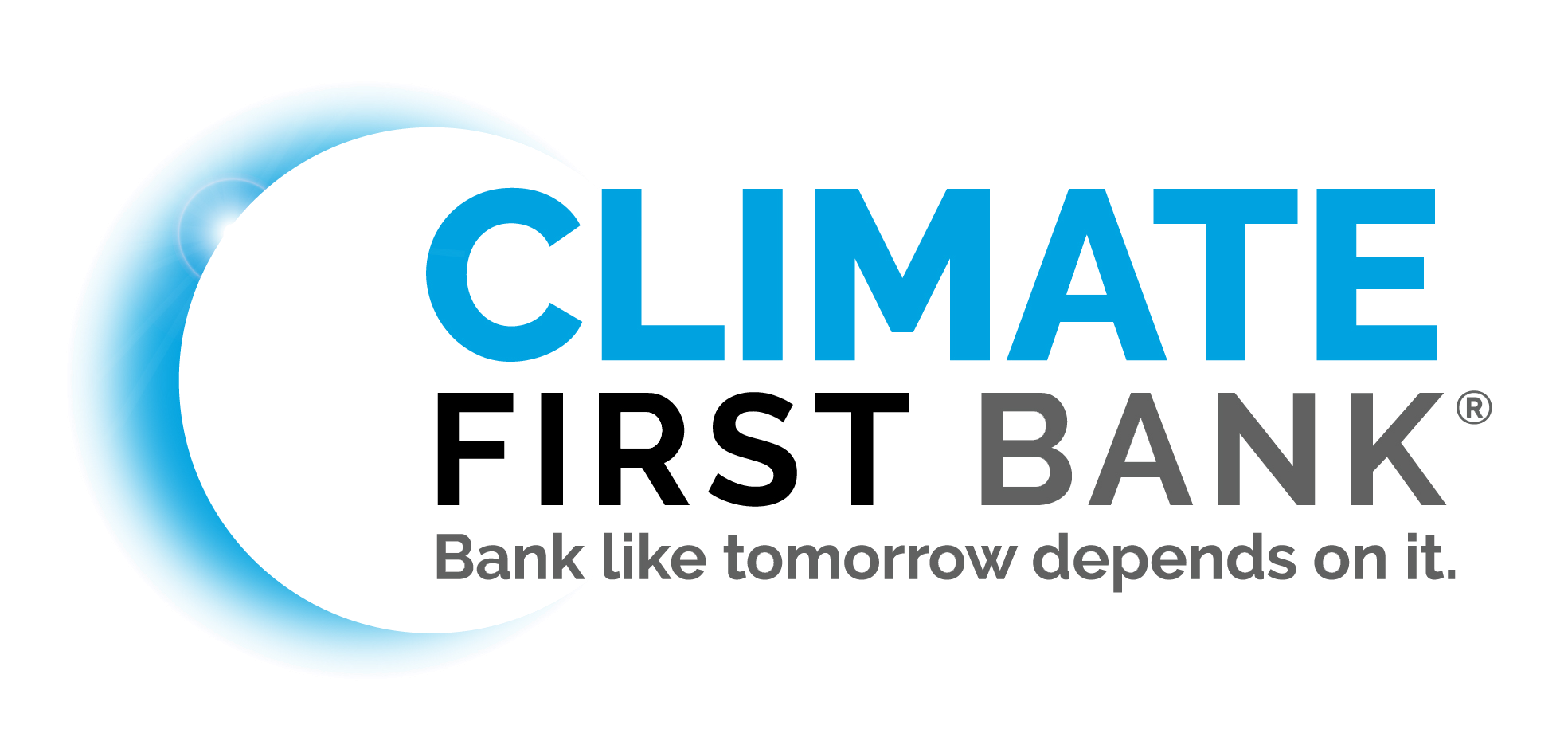 "Climate First Bank: Bank like tomorrow depends on it." logo with a stylized blue crescent moon.