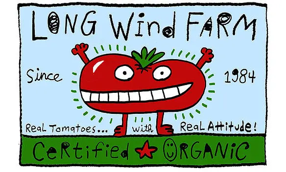 Whimsical "Long Wind Farm" logo with a smiling cartoon tomato, established in 1984 and "Certified Organic".