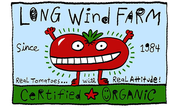 Cartoonish logo for "Long Wind Farm" since 1984, featuring a smiling tomato and "Certified Organic" text.