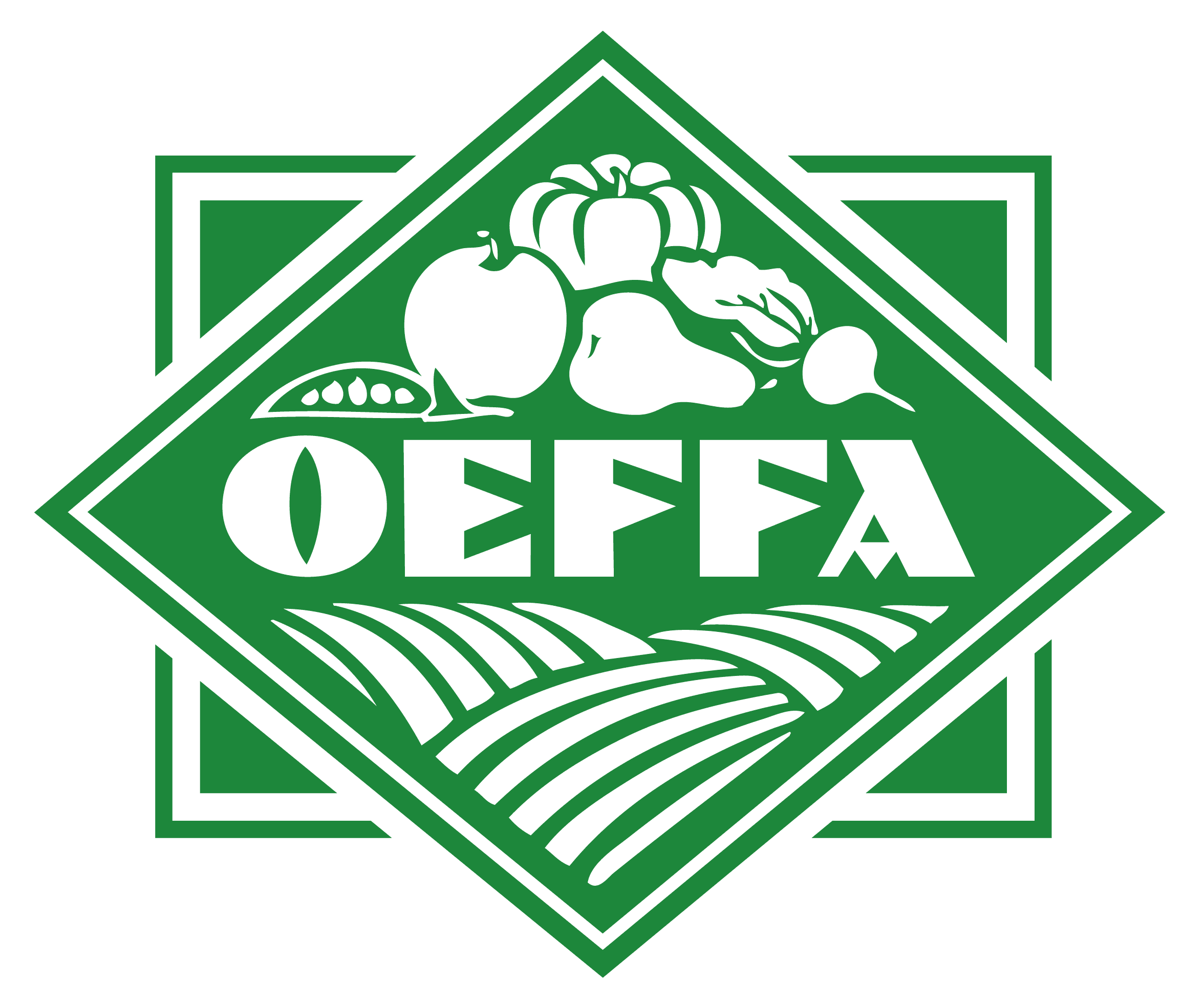 Green and white diamond logo with "OEFFA" above stylized fields and produce.