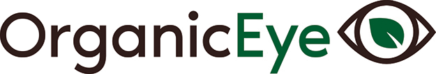 "OrganicEye" logo with brown and green text and an eye symbol containing a green leaf.