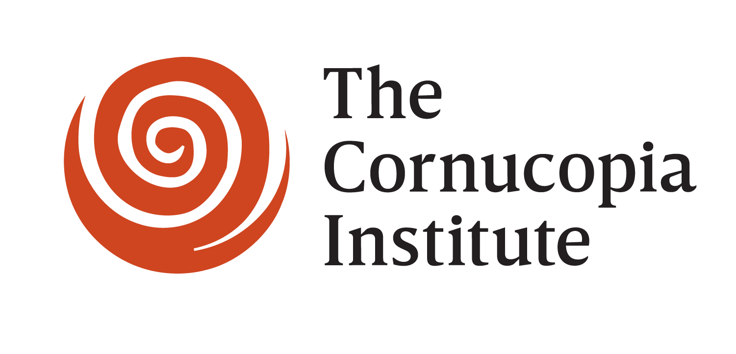 Logo for "The Cornucopia Institute" with an orange spiral symbol.