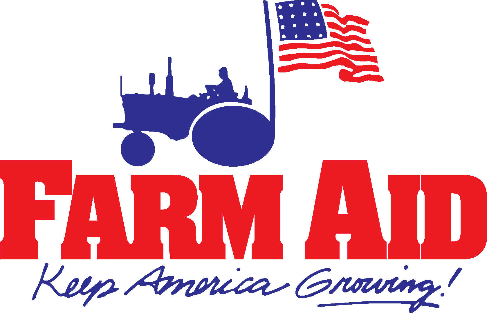 "Farm Aid: Keep America Growing!" logo with a blue tractor and American flag.
