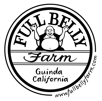 Black and white circular logo for "Full Belly Farm" in Guinda, California, featuring a laughing Buddha.