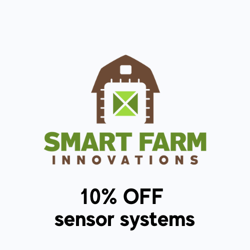 "Smart Farm Innovations" logo with a barn icon and text offering 10% off sensor systems.
