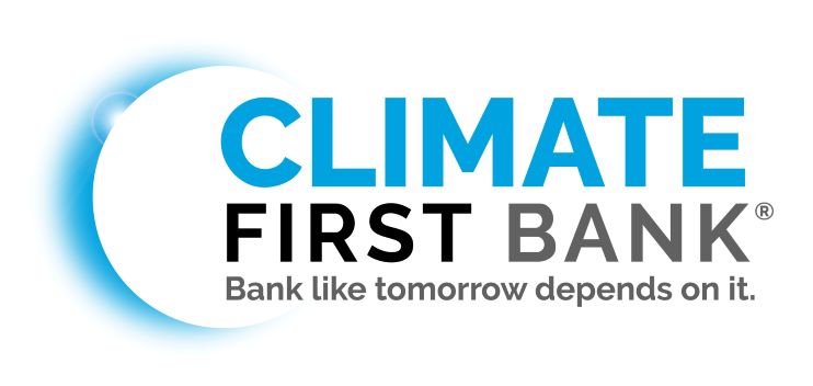 "Climate First Bank: Bank like tomorrow depends on it." logo with a stylized blue crescent moon.