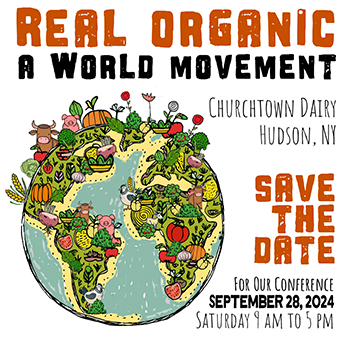 A magical, childlike globe covered in playful plants and animals with Real Organic A World Movement announcing conference at Churchtown Dairy