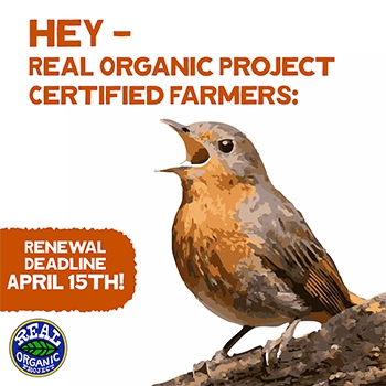 graphic of a robin singing a renewal reminder to Real Organic Project farmers