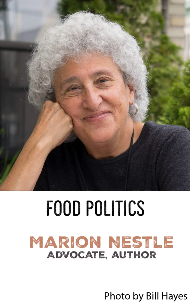 Headshot of food Systems author Marion Nestle resting her cheek on her fist