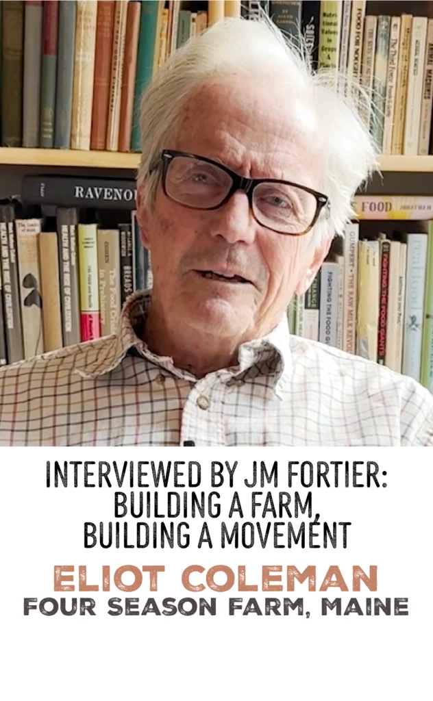 Iconic organic farmer and author Eliot Coleman sits in front of his library of books
