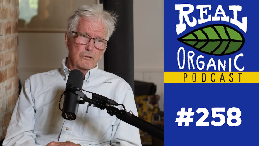 Eliot Coleman seated in front of a microphone in the Market Gardener Podcast studio